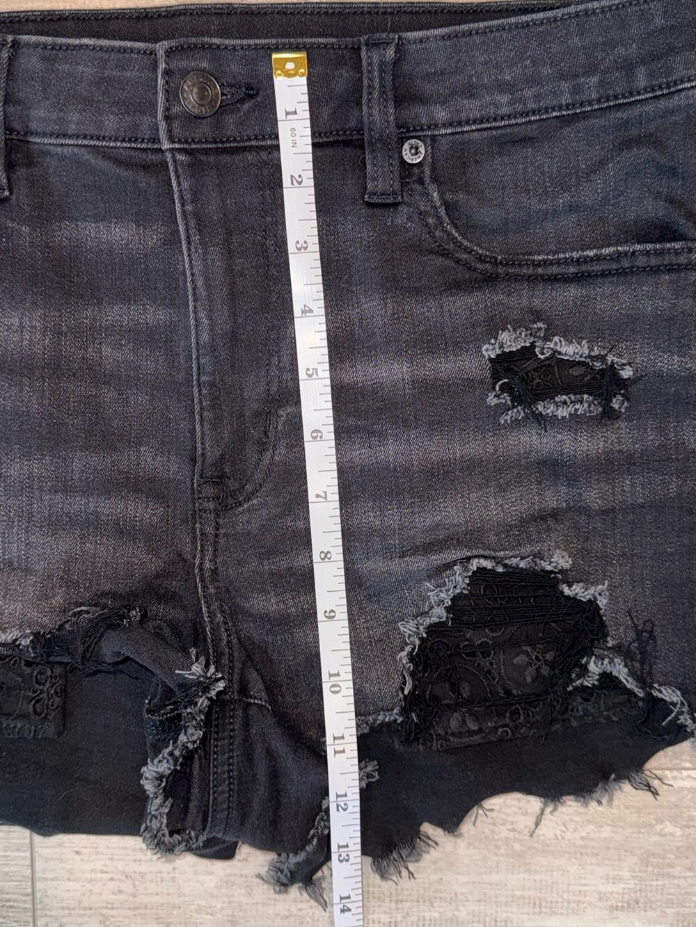 American Eagle Next Level Stretch Black Distressed Floral Eyelet Denim Shorts - Picture 10 of 10